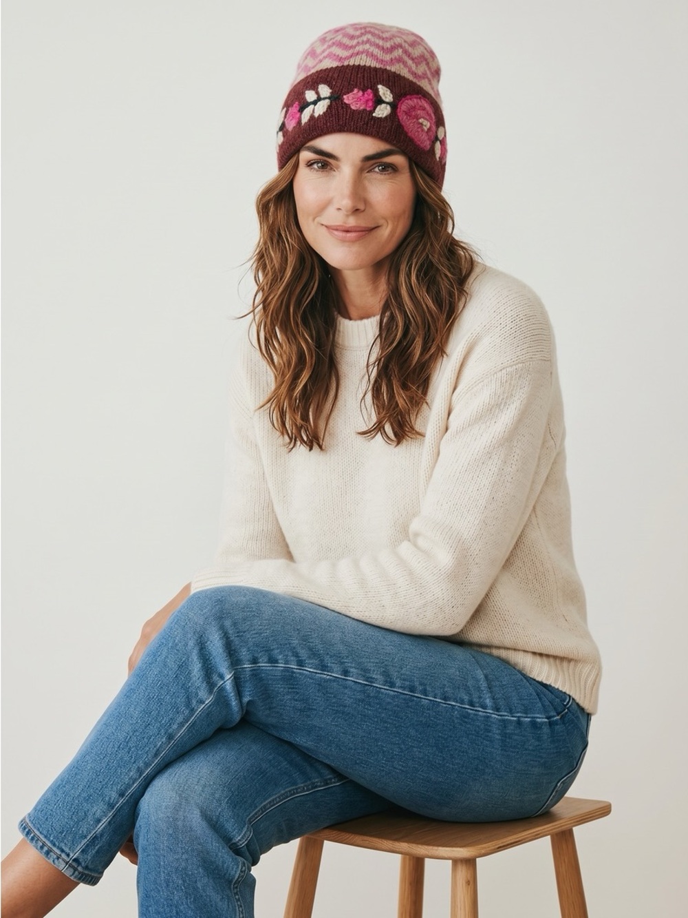 Boho Vintage Embroidered Floral Chevron Knit Beanie Hat Burgundy Pink